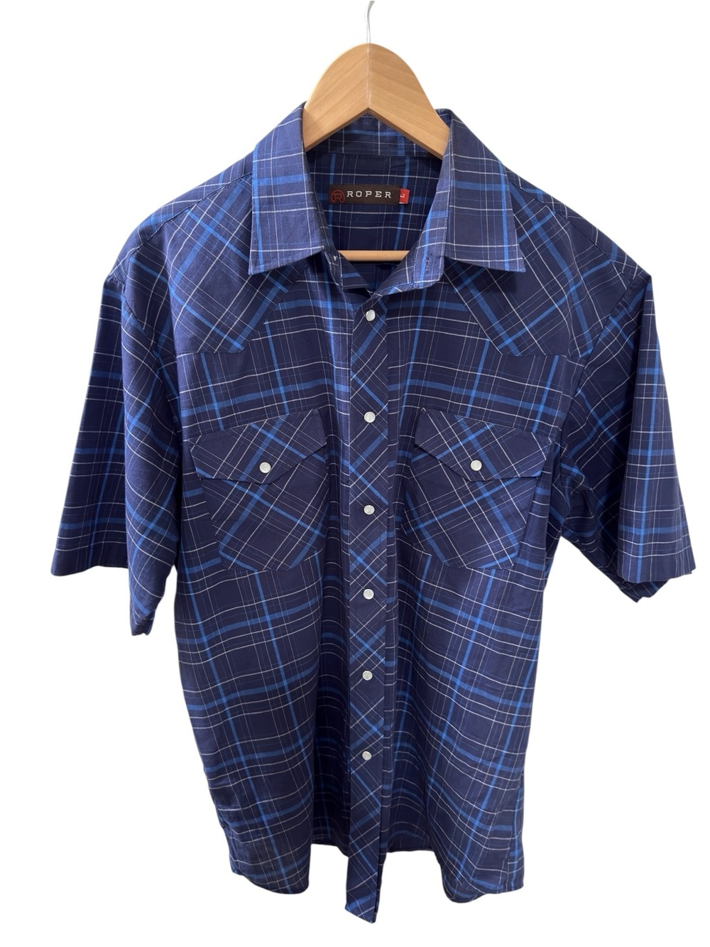 Roper Men's Short Sleeve Blue Plaid Western Shirt Size Large Pearl Snap Buttons